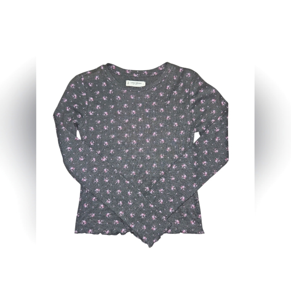 Lucky Brand Floral Thermal Top Gray Long Sleeve Soft Girl Cottagecore Size S.